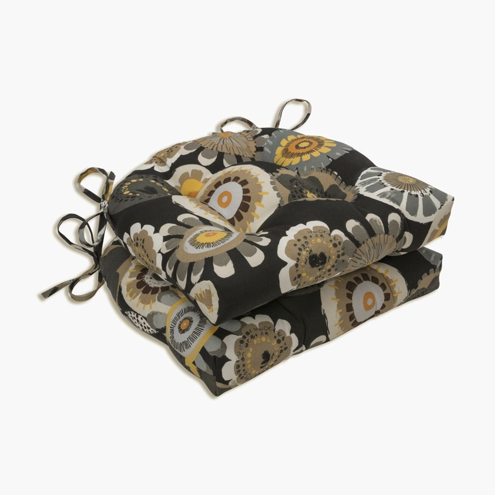Black and Yellow Floral Tufted Chair Pads with Ties, Set of 2