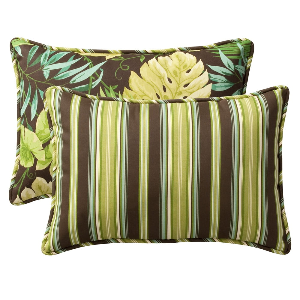 Green and Brown Tropical Striped Reversible Throw Pillow Set