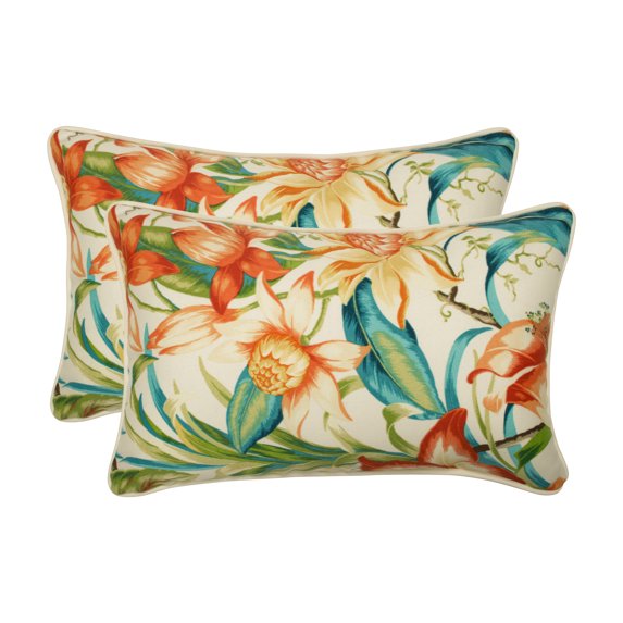 Pillow Perfect 18.5-inch by 11.5-inch Corded Rectangular Outdoor Throw Pillows (Set of 2) - Botanical Glow Tiger Lily
