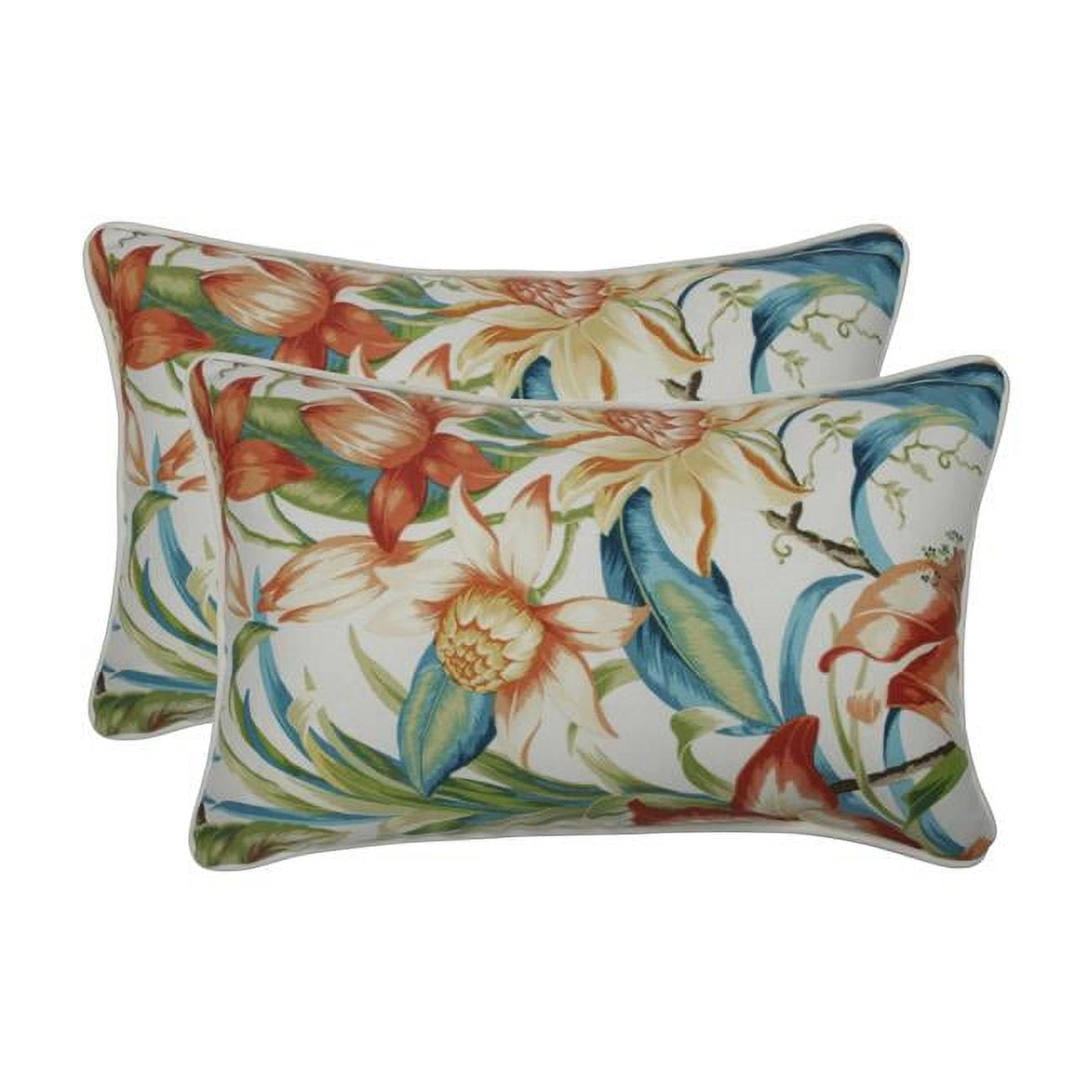 Botanical Glow Blue and Orange Floral Rectangular Throw Pillow Set
