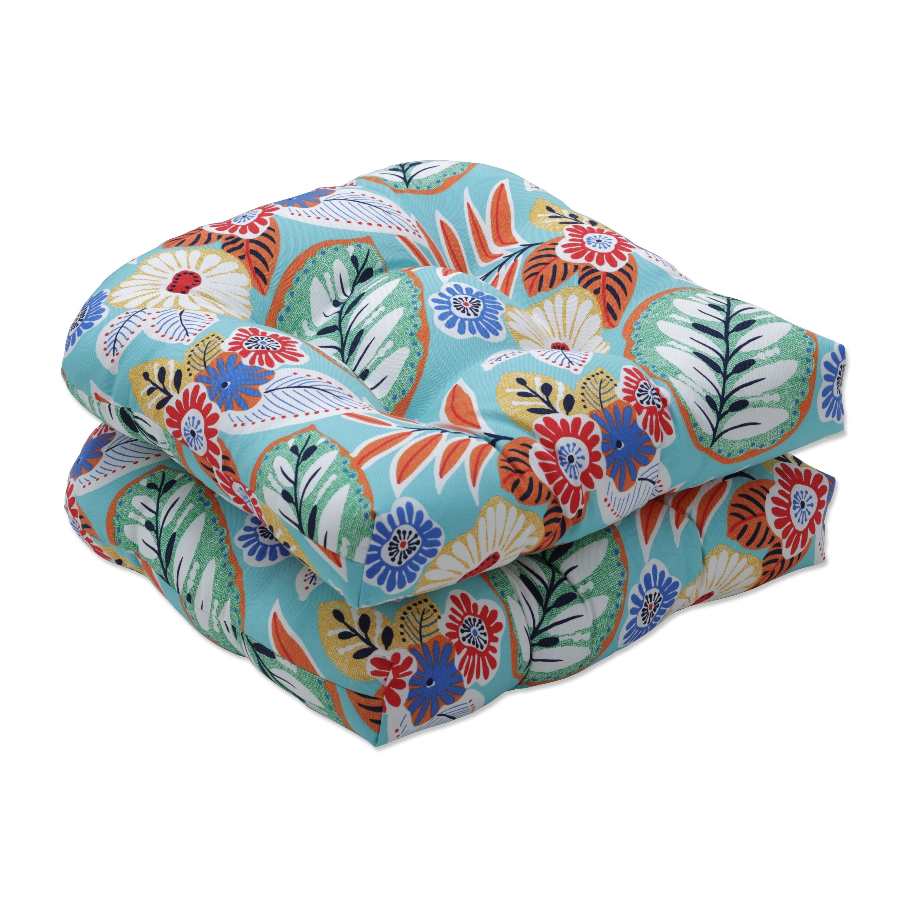 Bright Floral Aqua Tufted Indoor/Outdoor Chair Cushions, Set of 2