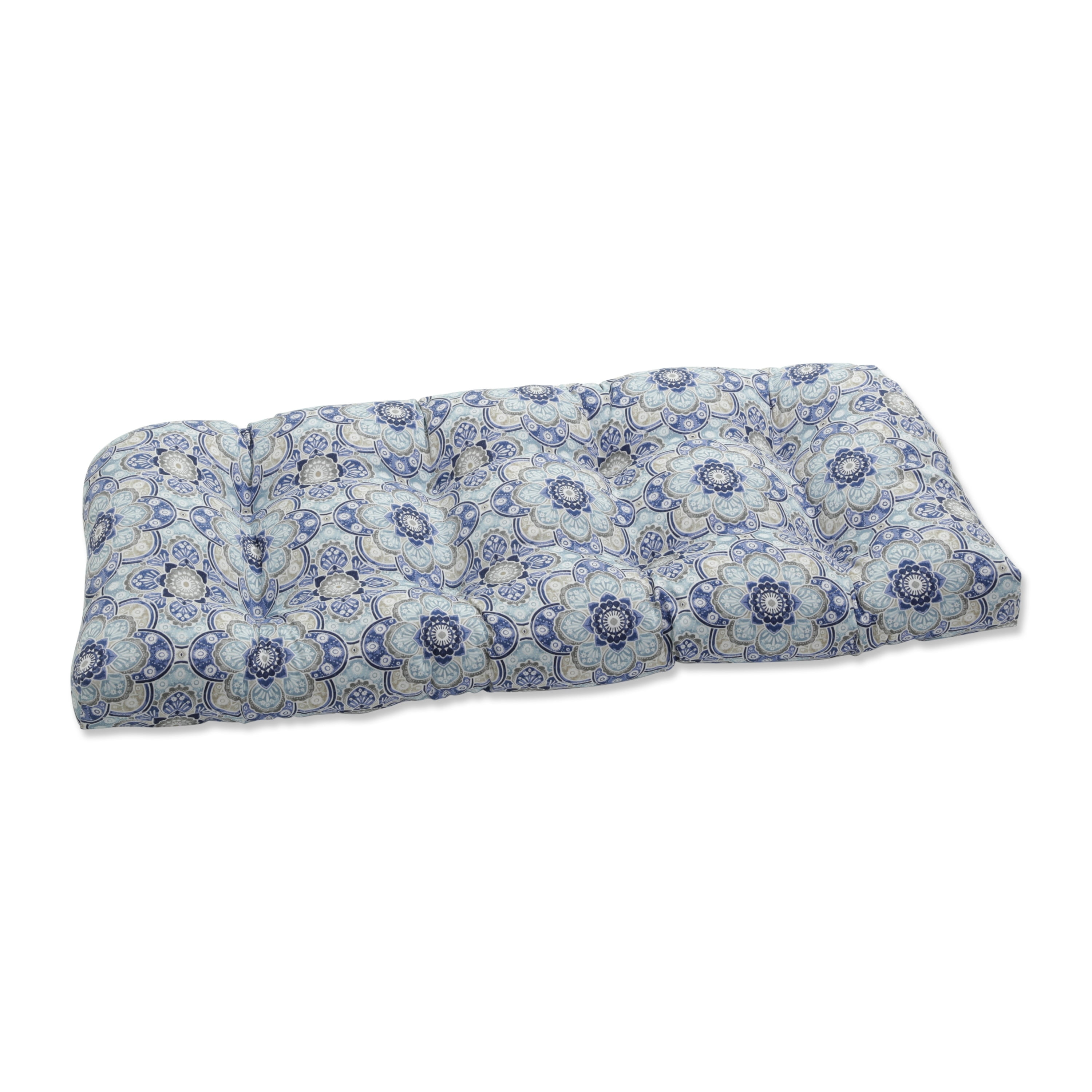 Mediterranean Blue and Gray Floral Outdoor Loveseat Cushion