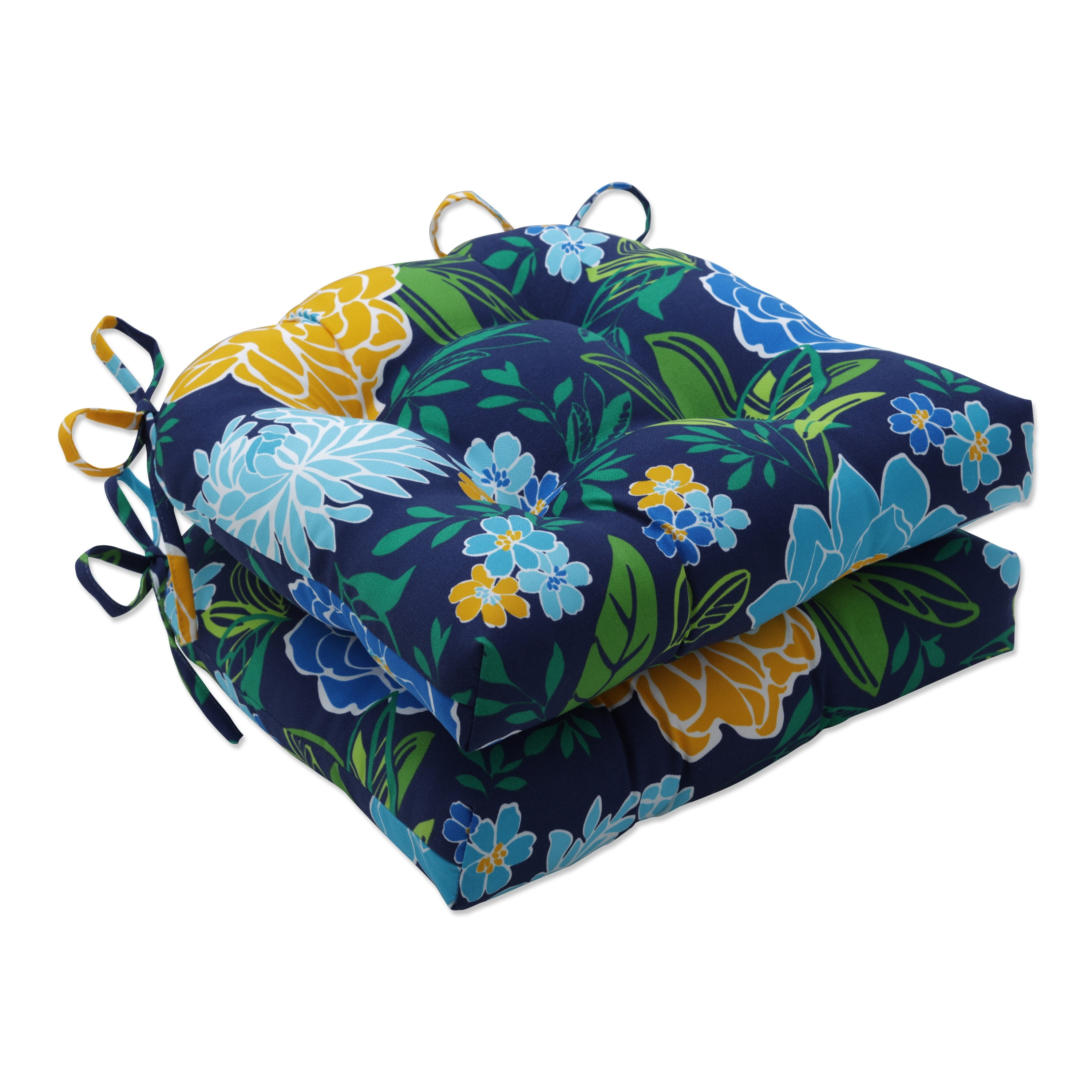 Floral Blue and Yellow Tufted Polyester Chair Pads, Set of 2