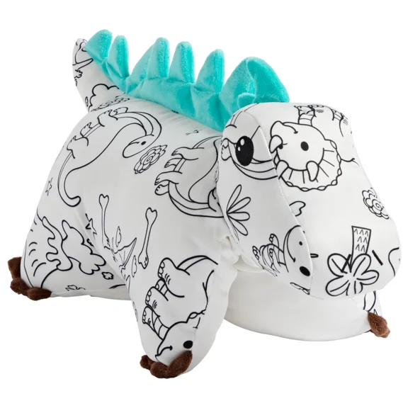 Pillow Pets Color‑On Dinosaur Plush - Folding Stuffed Animal and Kids Pillow, Includes 5 Marker Set, Washable Coloring Activity, 14 Inch for Travel, Bedtime, and Play