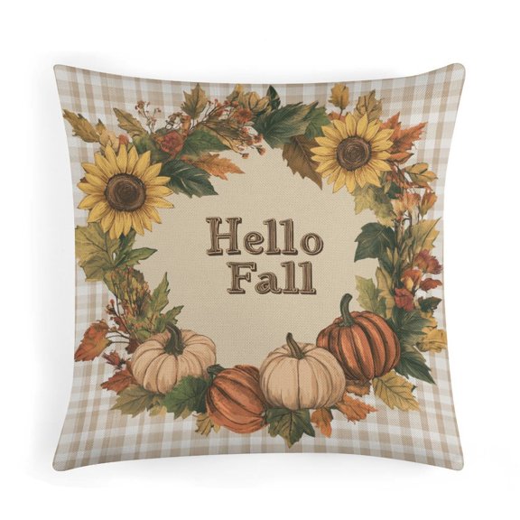 Pillow Protector Hello Fall Wreath Decorative Square Pillowcase Cushion Case Pumpkin Wreath Autumn Thanksgiving Outdoor Pillow Cover Cushion Case for Sofa Couch 16"x16"
