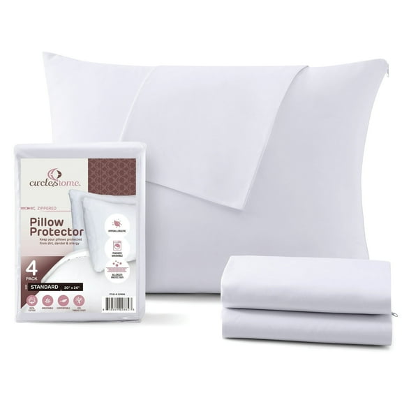 CirclesHome Pillow Protectors 4 Pack Standard Zippered - 100% Cotton Breathable Pillowcases - Protects Pillows from Dirt, Dust and Debris (Standard - Set of 4 - 20x26)