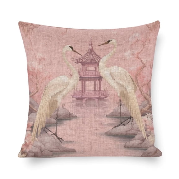 Pillow Protectors Chinoiserie Light Pink Pagoda And Cranes Pillows 18"x18" Asian Scenic Pink Printed Pillow Cover Home Decor Throw Pillows Cover
