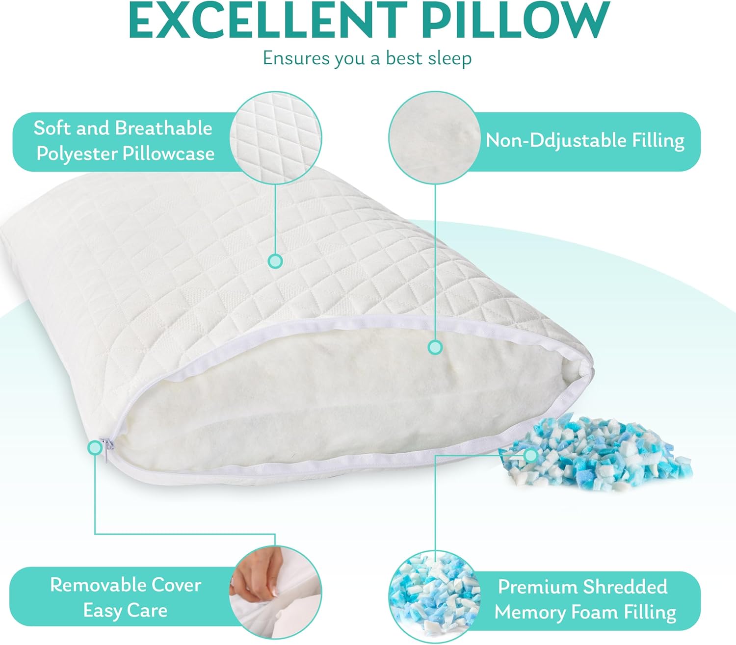 Pillow Queen Size 1 Pack,Shredded Memory Foam Bed Pillow for Sleeping