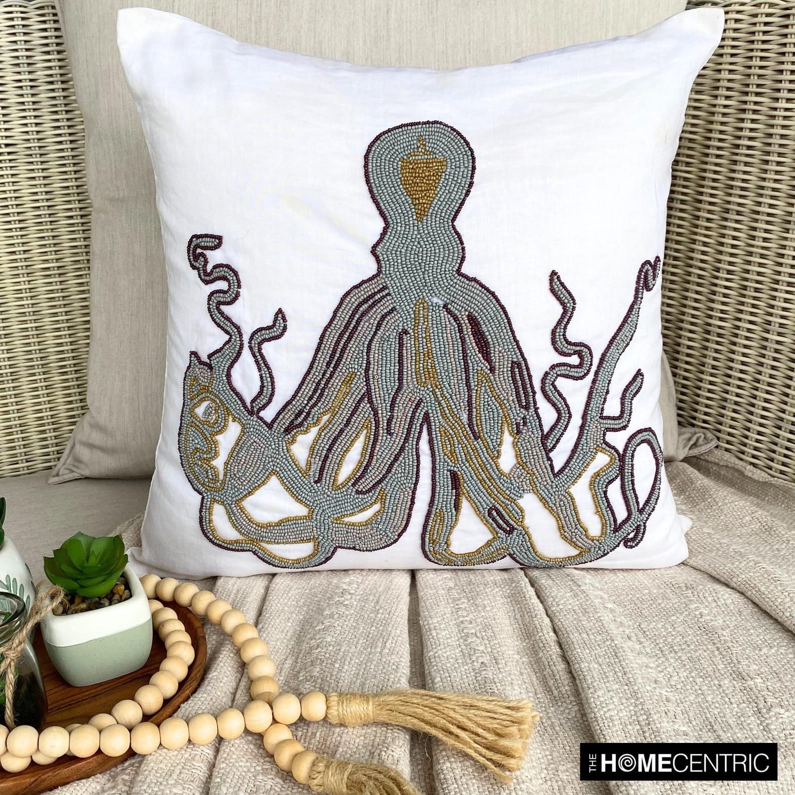 Pillow Sham Cover, Decorative Gray Euro Pillow Shams 26x26 inch (65x65 cm), Linen Euro Sham Covers, Sea Creatures, Squid, Octopus, Beaded, Beach Style European Pillow - Grey Squid