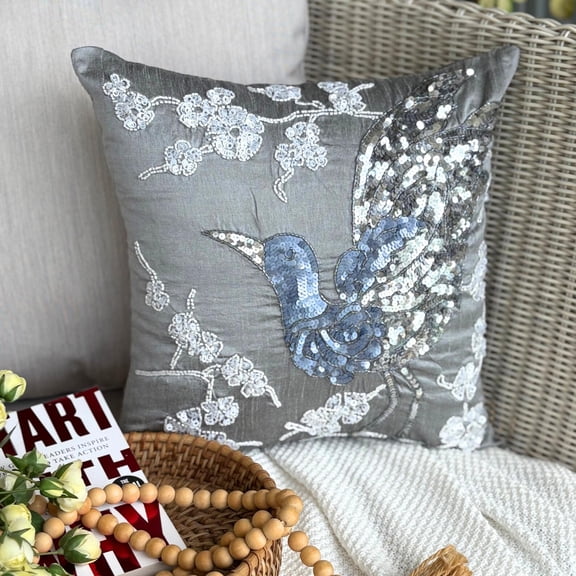 Pillow Sham Covers, Gray European Sham&nbsp;Pillow Covers 26x26 inch (65x65 cm), Silk Euro Sham Covers, Birds, Contemporary European Sham&nbsp;Covers - Silver Birdy