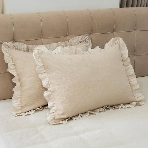 Pillow Shams Set of 2 Pure Cotton Champray Ruffled Edge,Thick and Solid Washed Dobby Heavy Fabric (King 20x36 inches)