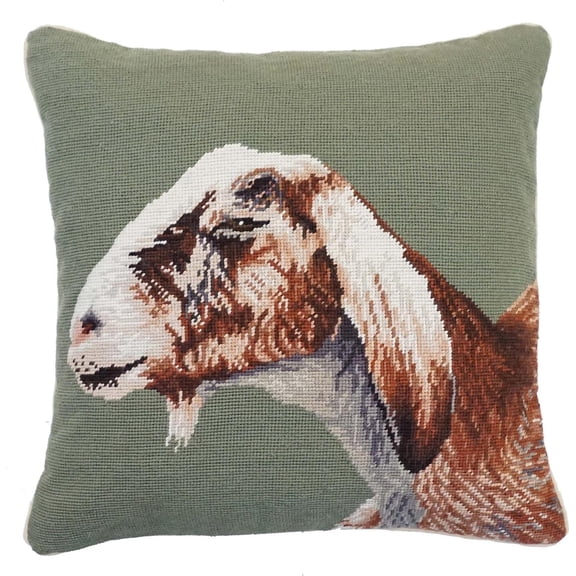 Pillow Throw Nubian Goat 18x18 Olive Needlepoint Canvas Cotton Velvet Wool Poly