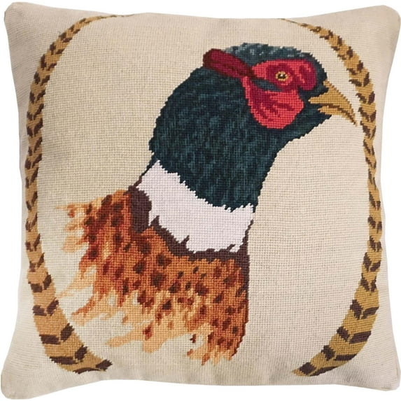 Pillow Throw Pheasant and Feathers 18x18 Beige Needlepoint Canvas Cotton Velvet