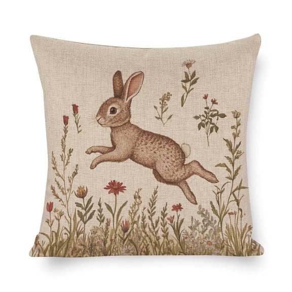 Pillowcase Farm Decoration Pillow Case Cute Bunny Rabbit Floral Easter Pillowcases Rabbit Leaping with Wildflowers Cute Throw Pillowcases for Couch Bed Car 16"x16"