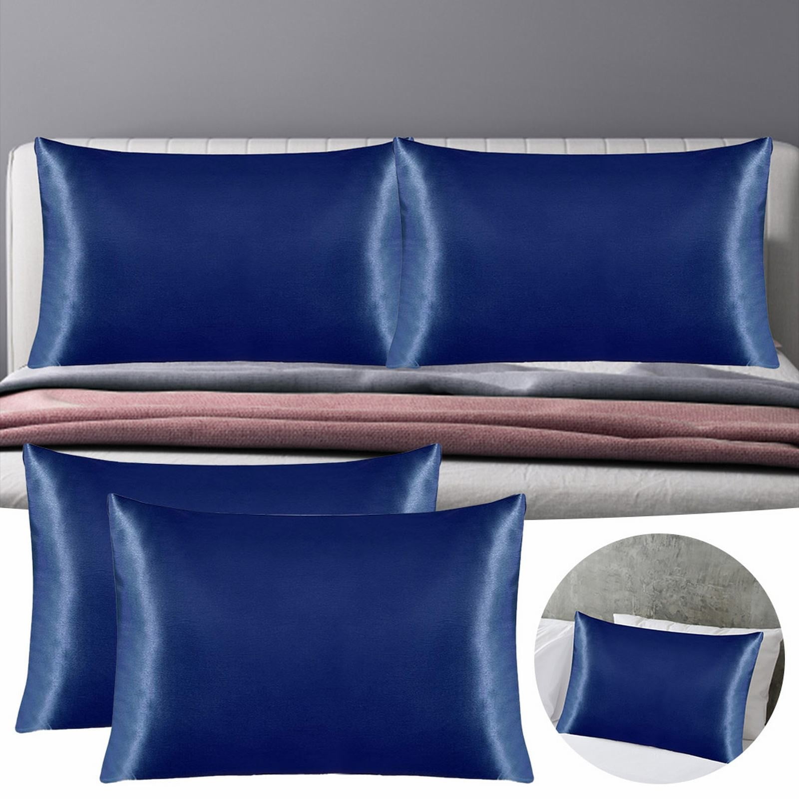 Pillowcase Silk Satin Imitation Silk Satin Solid Hotel Bedding Pillowcase Navy Blue 2pc Size