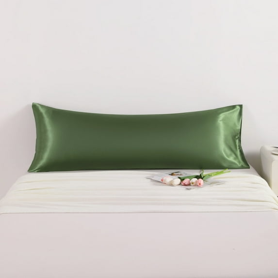 Ultra Soft and Silky Satin Body Pillowcase, Luxury Long Pillow Cover for Hair and Skin, 20" x 54", Olive Green