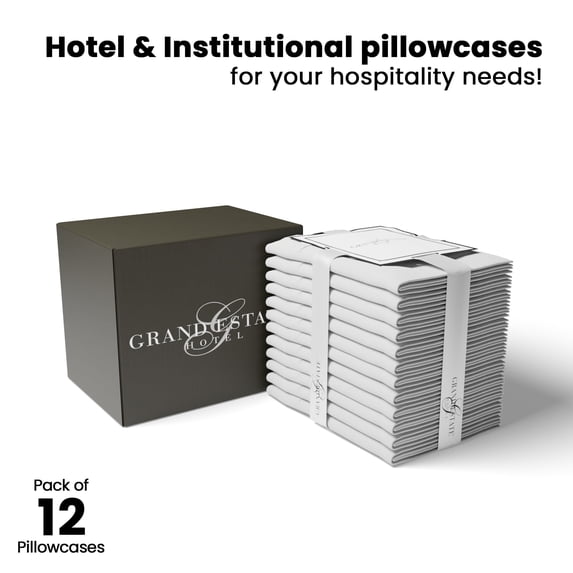 Pillowcases Bulk Pack- 12 Pcs Cotton Rich White Standard Size for Hotels, Spa, Salon, Hospitals, Dorms, Air Bnb by Grand Estate Hotel