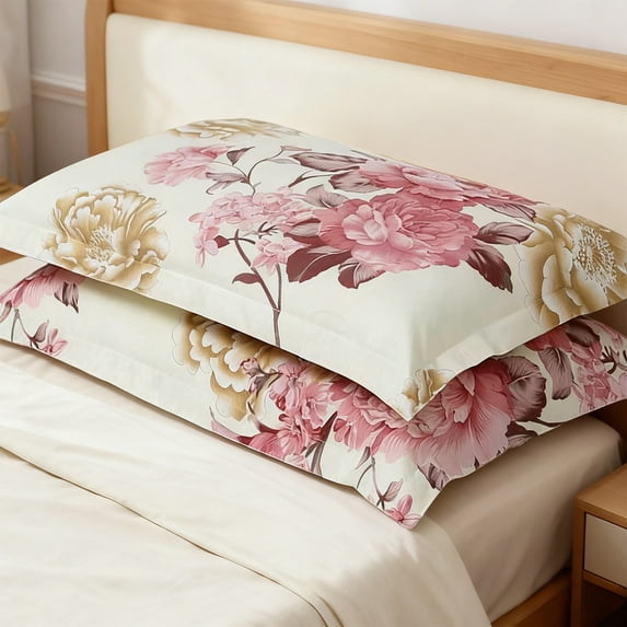 Pillowcases Floral Printed Pillow Cases Set of 2 Red Flowers and Green Branches Leaf Pattern Pillow Cover 20x30 Inches