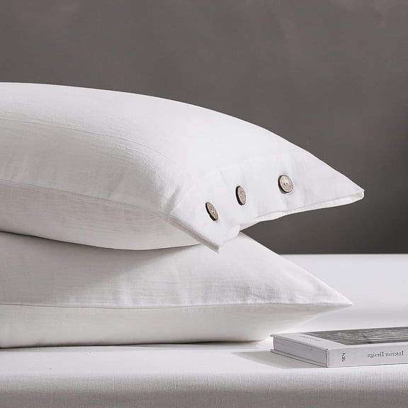 Pillowcases Queen Set of 2 Cotton Button Pillow Covers 20×30in Pure White Bed Pillow Cases 100% Washed Cotton Soft Breathable (Pillows are not Included)