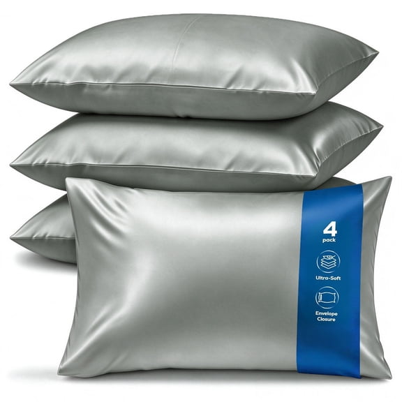 Pillowcases Queen Set of 4, Soft and Comfy Pillow Cases, Simulated Silk Texture Pillow Covers, Lightweight, Super Soft Easy Care, Light Gray Standard Size, 20x30 Inches