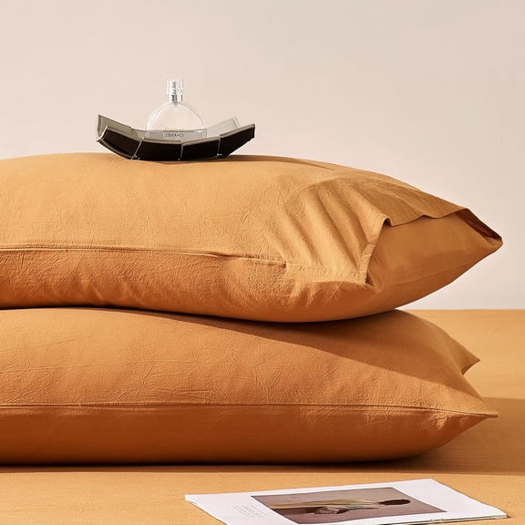 Pillowcases Standard Set of 2 Washed Cotton Envelope Pillow Covers Linen-Like Texture,Amber Orange 2026in Bed Pillow Cases Soft Breathable (Pillows are not Included)
