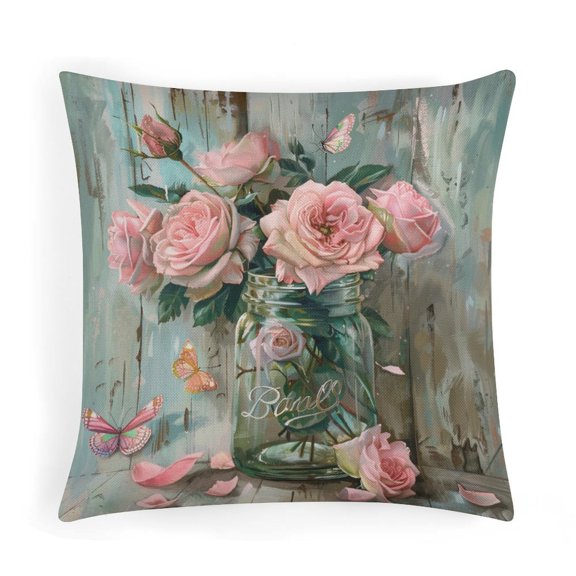 Pillows Cover Jar of Pink Roses with Butterflies Square Pillow Cover Pink Blooming Romantic Roses Couch Pillow Pillows for Couch Sofa Patio Furniture Home Decor 16"x16"
