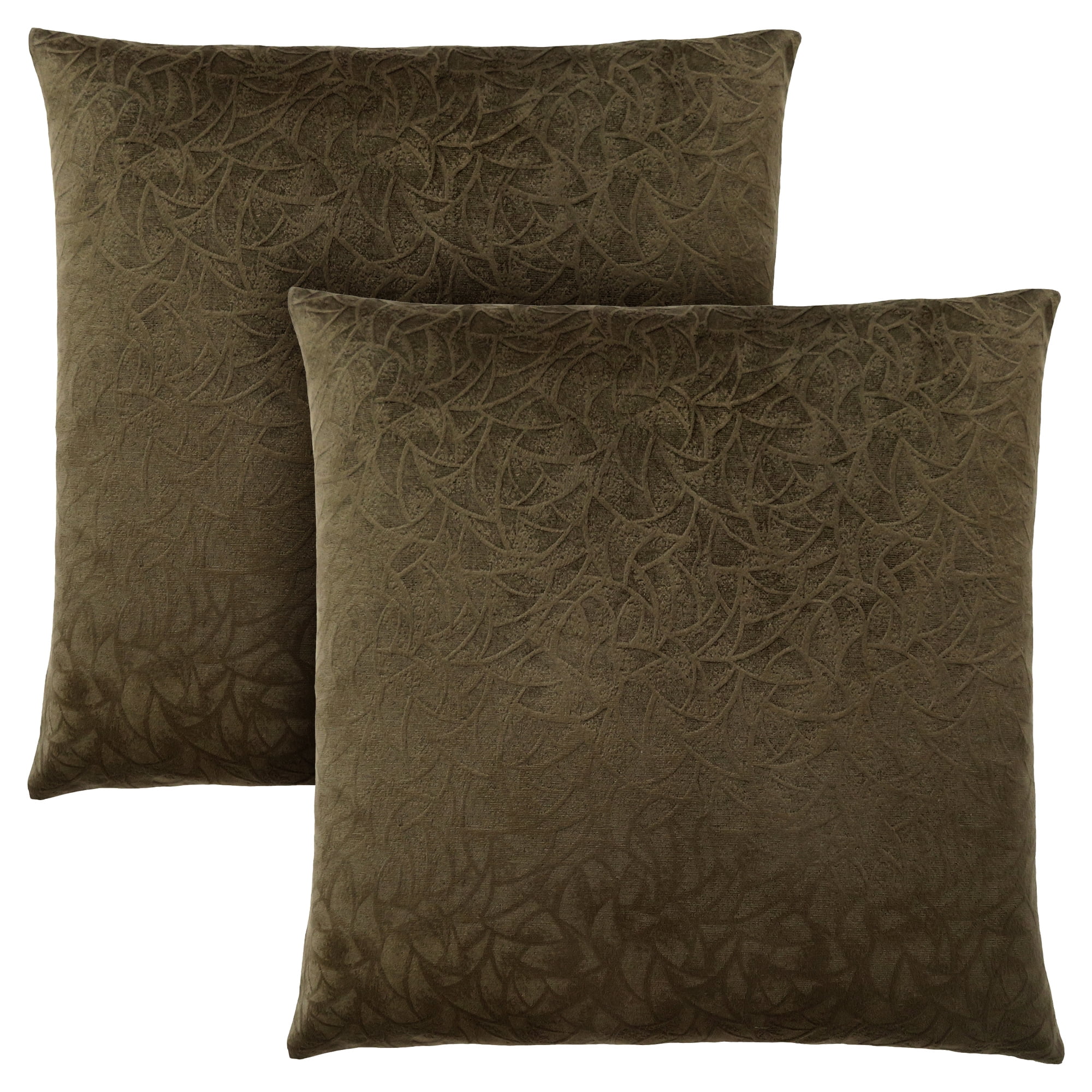 Olive Green Velvet Floral Pattern Square Throw Pillow Set of 2