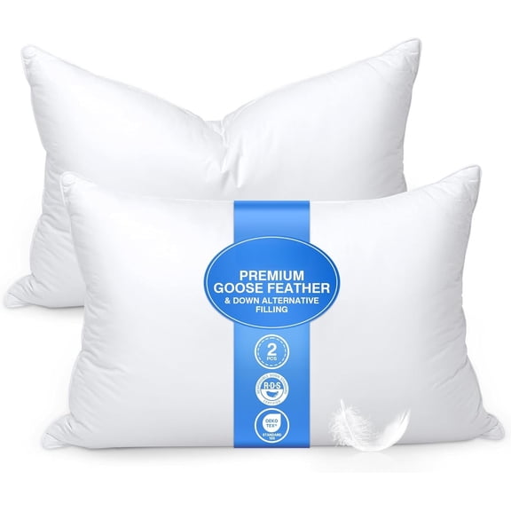 Pillows Size Set of 2 - Hotel Goose Down Bed Pillow for Sleeping, Soft 600 Thread Count Cover, Support Surround Fill Polyester for Side, , Sleepers