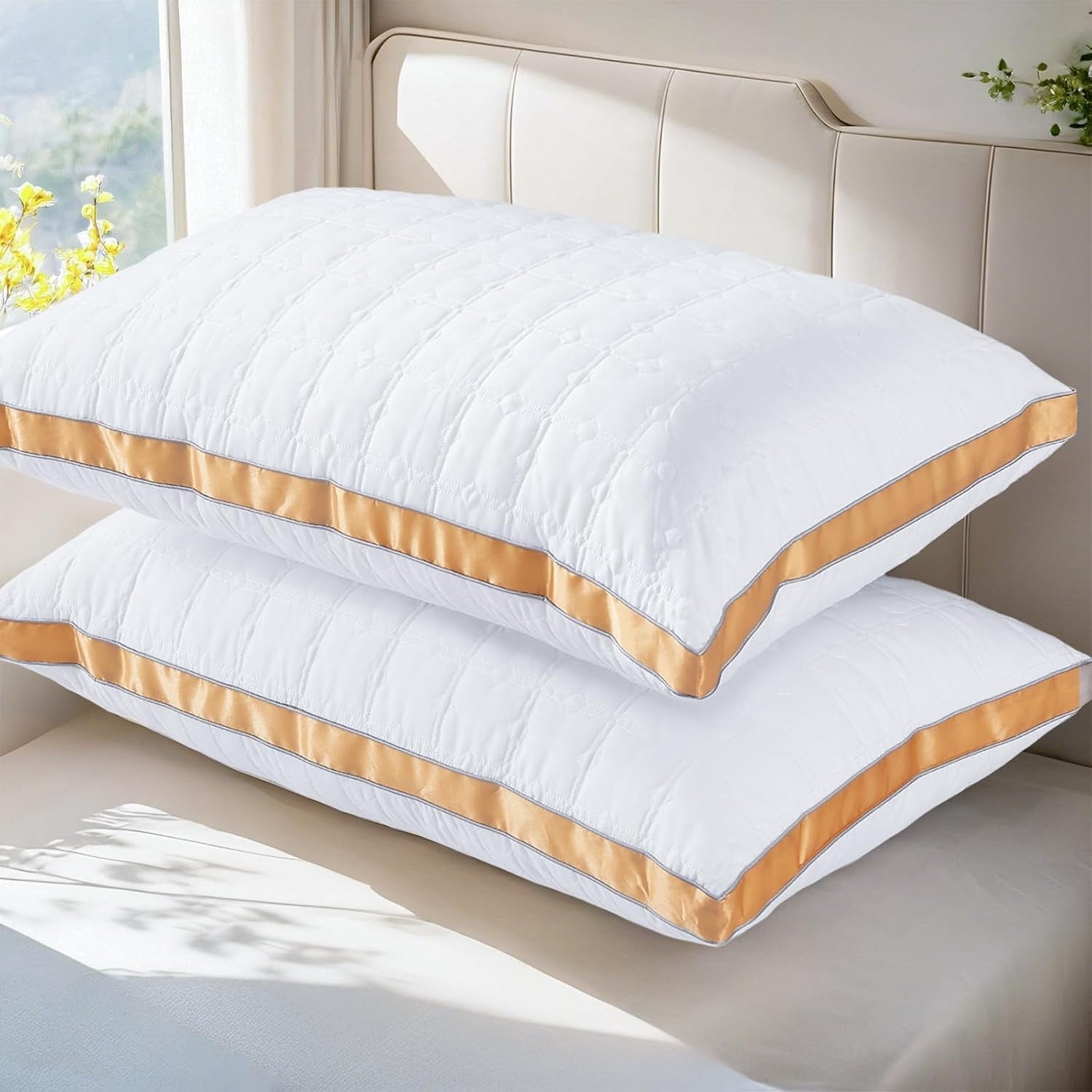 Pillows Standard Size Set of 2, Hotel Quality Gusseted Bed Pillows for Side, Back, Stomach Sleepers, Soft Supportive Gusseted Standard Pillows for Sleeping, Down Alternative Filling