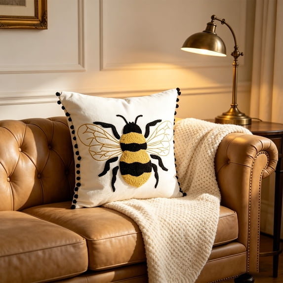 Pillows for Couch, Honeybee Embroidered Cushion Covers With Poms Tassels Decor Pillow Cases