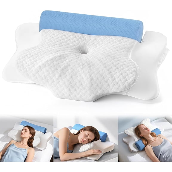 Pillows with Round  Roll Cylinder Bolster Traction Pillow(2 in 1 Removable)  Contour Memory  Pillow for Relaxer &  for Sleepers(White&Blue)