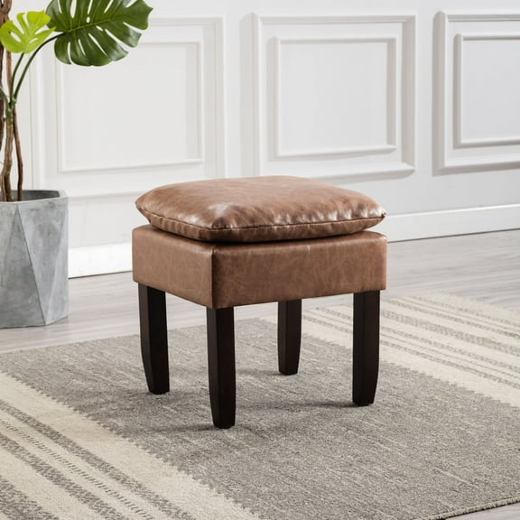 Pillowtop Ottoman with Faux Leather/Plaid Upholstery, Wooden Legs, Multipurpose Footrest for Living Room, Bedroom, 16"D x 18"W x 18"H