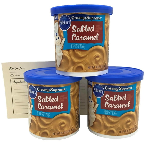 Pillsbury Creamy Supreme Salted Caramel Frosting, 16 Ounce, (3-Pack) And Redwood Lane Recipe Card, Gluten Free Cake Frosting