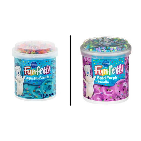 Pillsbury Funfetti Aqua Blue Vanilla Frosting 15.6 oz & Pillsbury Funfetti Bold Purple Vanilla Frosting 15.6 oz