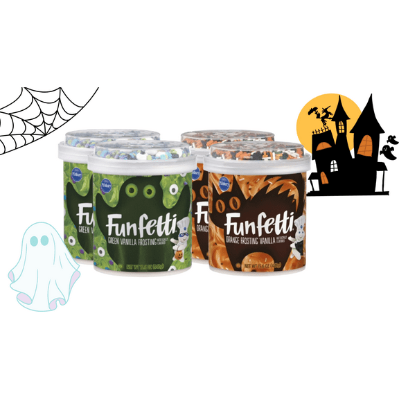Pillsbury Funfetti Halloween Frosting, Green Vanilla & Orange Vanilla, 15.6 oz, 4 Pack