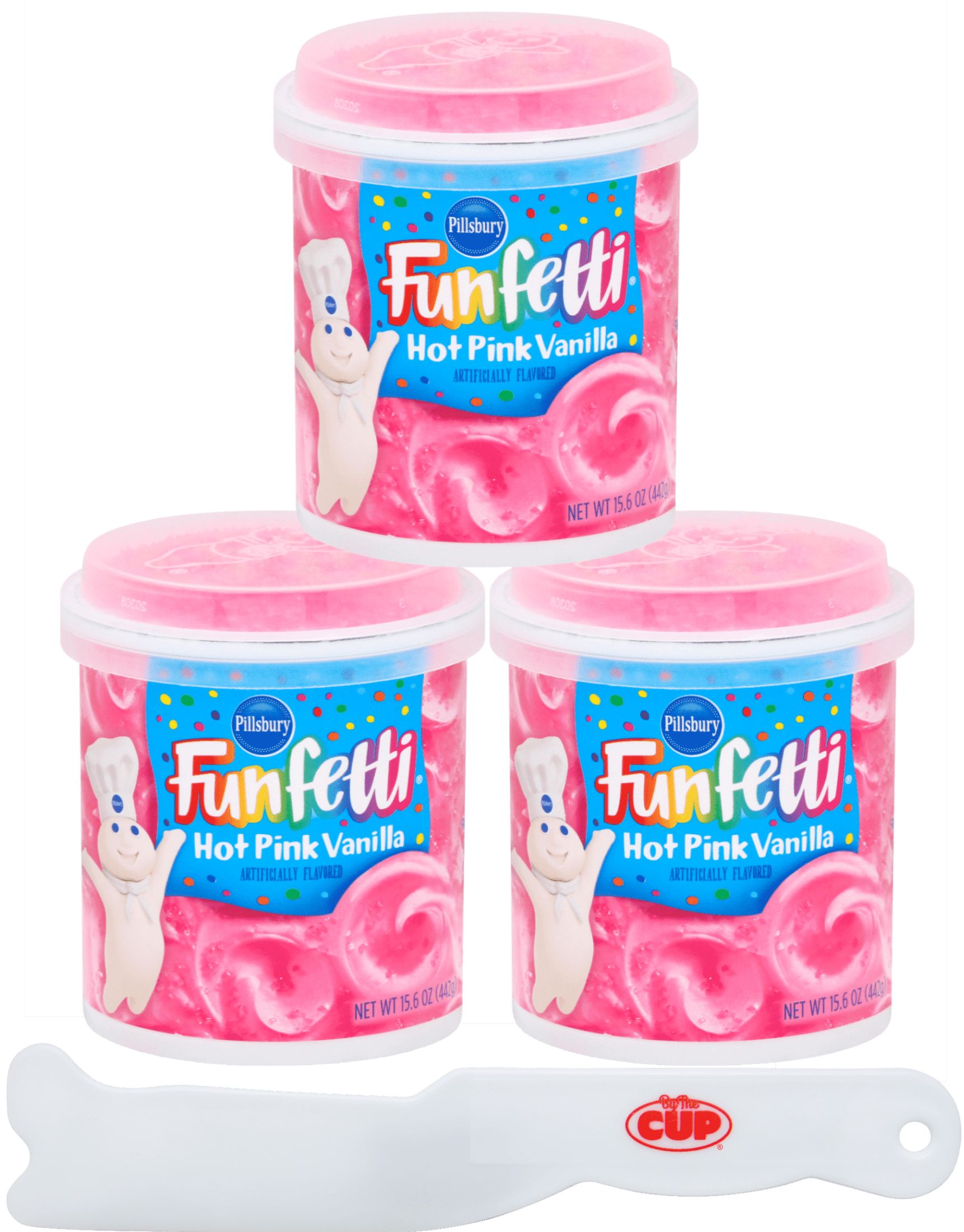 Pillsbury Funfetti Hot Pink Vanilla Flavored Frosting (Pack of 3) with By The Cup Frosting Spreader
