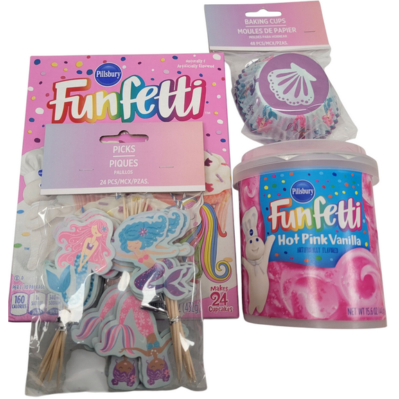 Pillsbury Funfetti Pink Mermaid Set with Funfetti Strawberry Cake Mix, Funfetti Hot Pink Vanilla Frosting, and Mermaid Baking Cups with Mermaid Picks