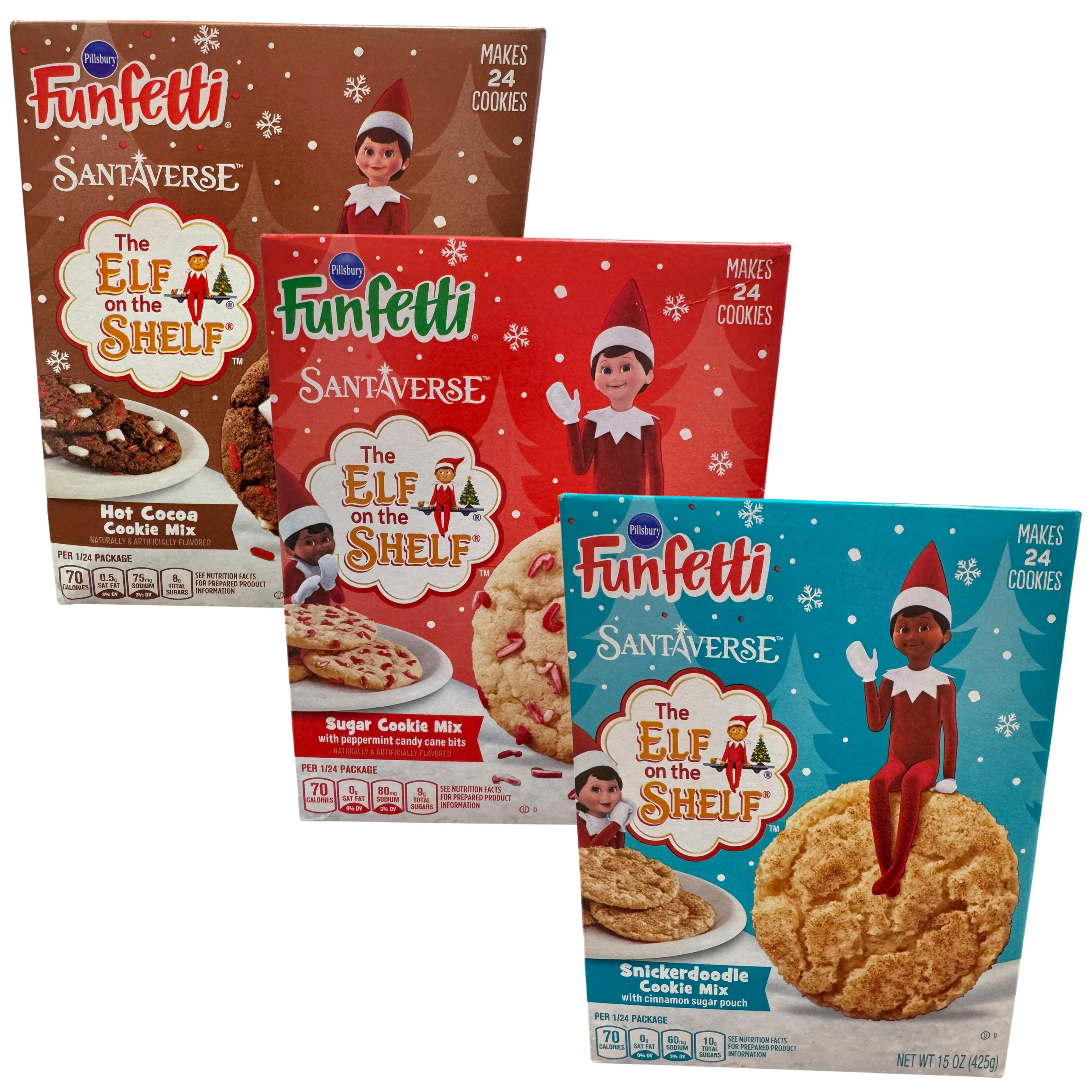 Pillsbury Funfetti Santaverse The Elf on the Shelf Cookie Mix - 3 Pack - Hot Cocoa, Snickerdoodle, Sugar Cookie with Peppermint Candy Cane Bits