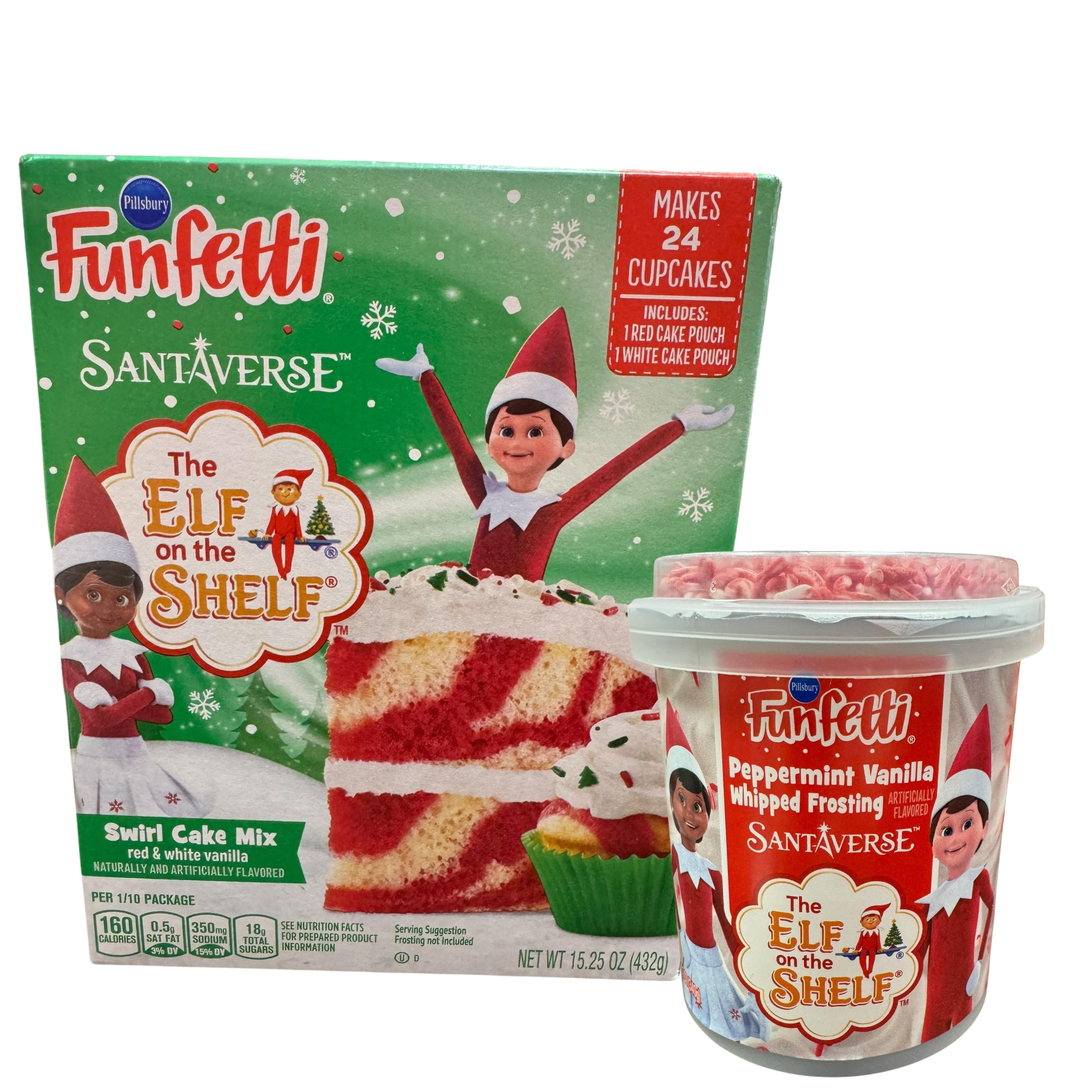 Pillsbury Funfetti Santaverse The Elf on the Shelf Swirl Cake Mix and Peppermint Vanilla Whipped Frosting Bundle