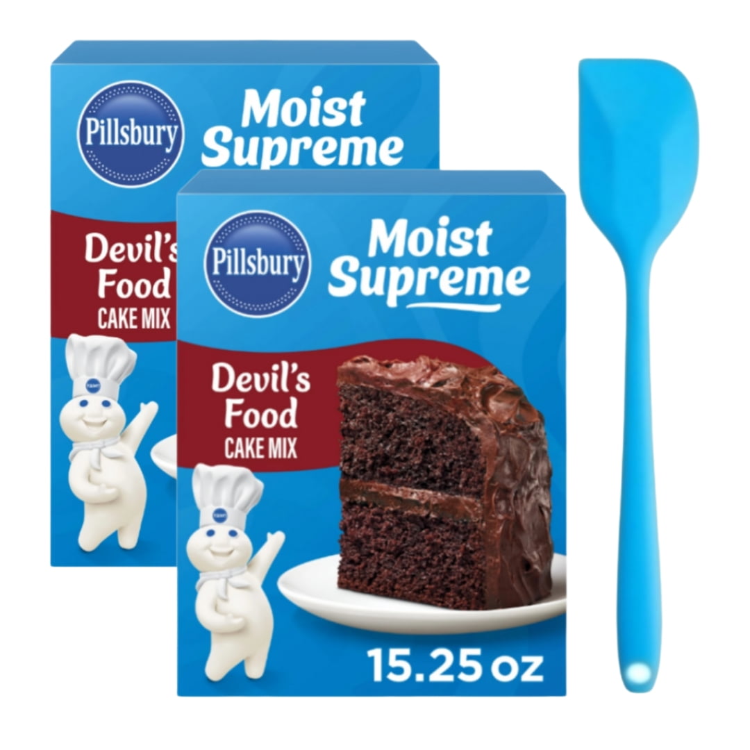 Pillsbury Moist Supreme Devil's Food Cake Mix, 15.25 Oz Box (2 pack) and 8in Silicone Spatula (Color Varies)