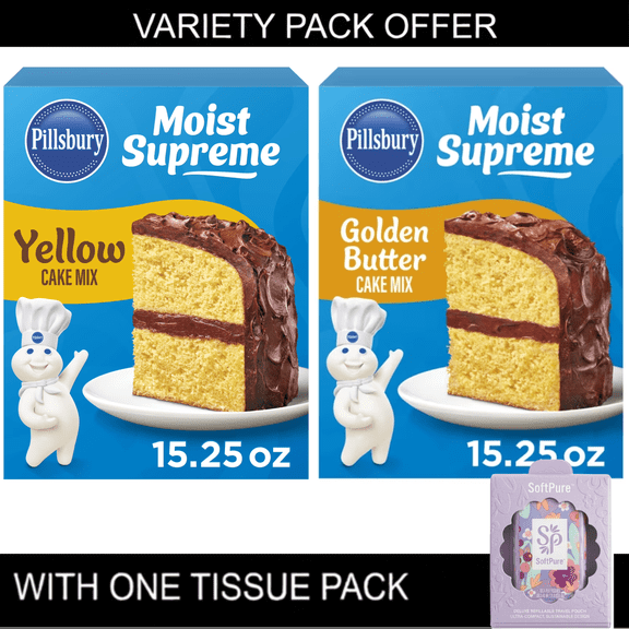 Pillsbury Moist Supreme Yellow and Golden Butter Cake Mix Variety Pack, 2 x 15.25 oz Boxes with Tissue Pack