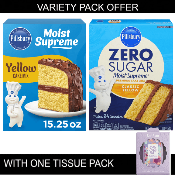 Pillsbury Moist Supreme Yellow and Zero Sugar Premium Cake Mix Variety Pack, 2 Boxes, 15.25 oz & 16 oz
