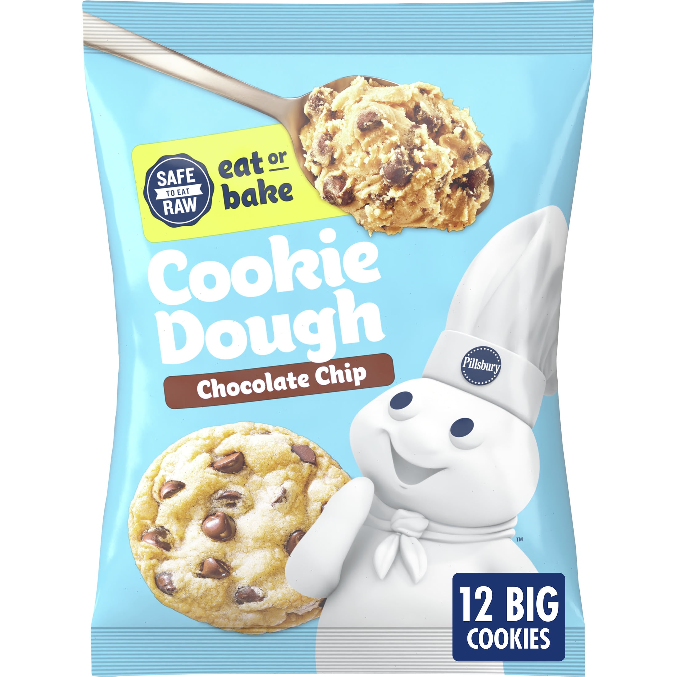 Pillsbury Ready To Bake Refrigerated Chocolate Chip Cookie Dough, 16 oz, 12 Big Cookies