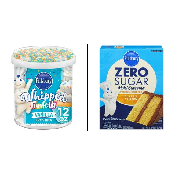 Pillsbury Whipped Funfetti Vanilla Frosting 12 oz & Pillsbury Zero Sugar Moist Supreme Yellow Cake Mix 16 oz