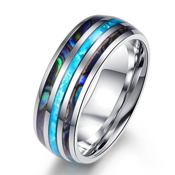 PillyBalla Hawaii Acacia Wood Tungsten Ring Dome Abalone Shell/Blue Center Wedding Ring for Men and Women Comfortable