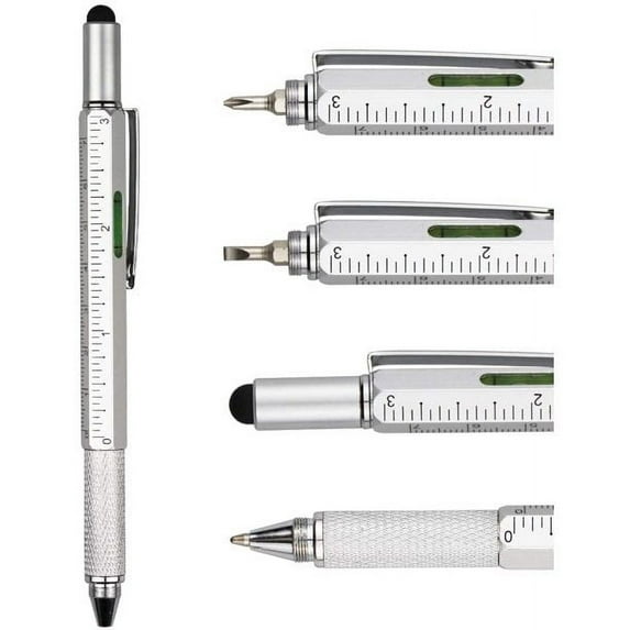 PillyBalla Metal Multi tool Pen 6-in-1 Stylus Pen - With Screwdriver, Phillips Screwdriver, Flathead Bit Slotted Screwdriver, Ballpoint Pen Black ink, Stylus pen, Bubble Level and Ruler
