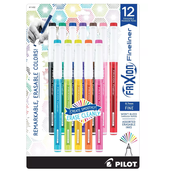 Pilot 12pk FriXion Fineliner Erasable Marker Pens Fine Point 0.7mm Assorted Inks, Teacher Supplies