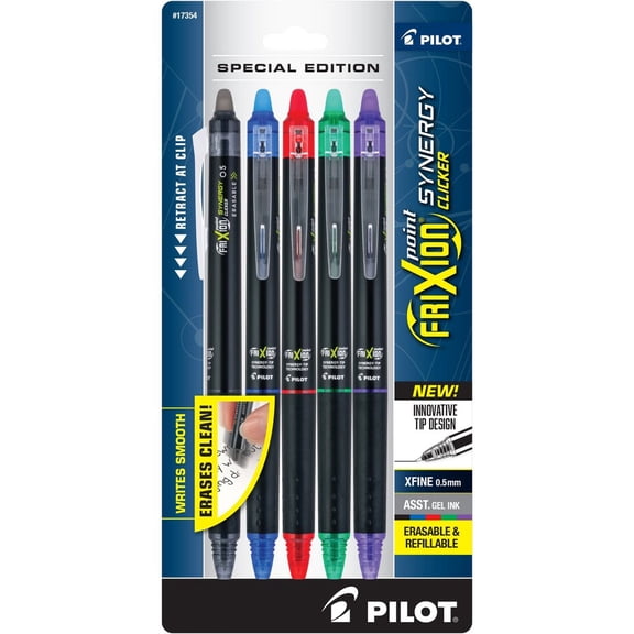 Pilot 17354 0.5 mm Extra-Fine FriXion Synergy Clicker Erasable Retractable Gel Pen - Assorted Ink/Barrel Colors (5/Pack) | Bundle of 2 Packs