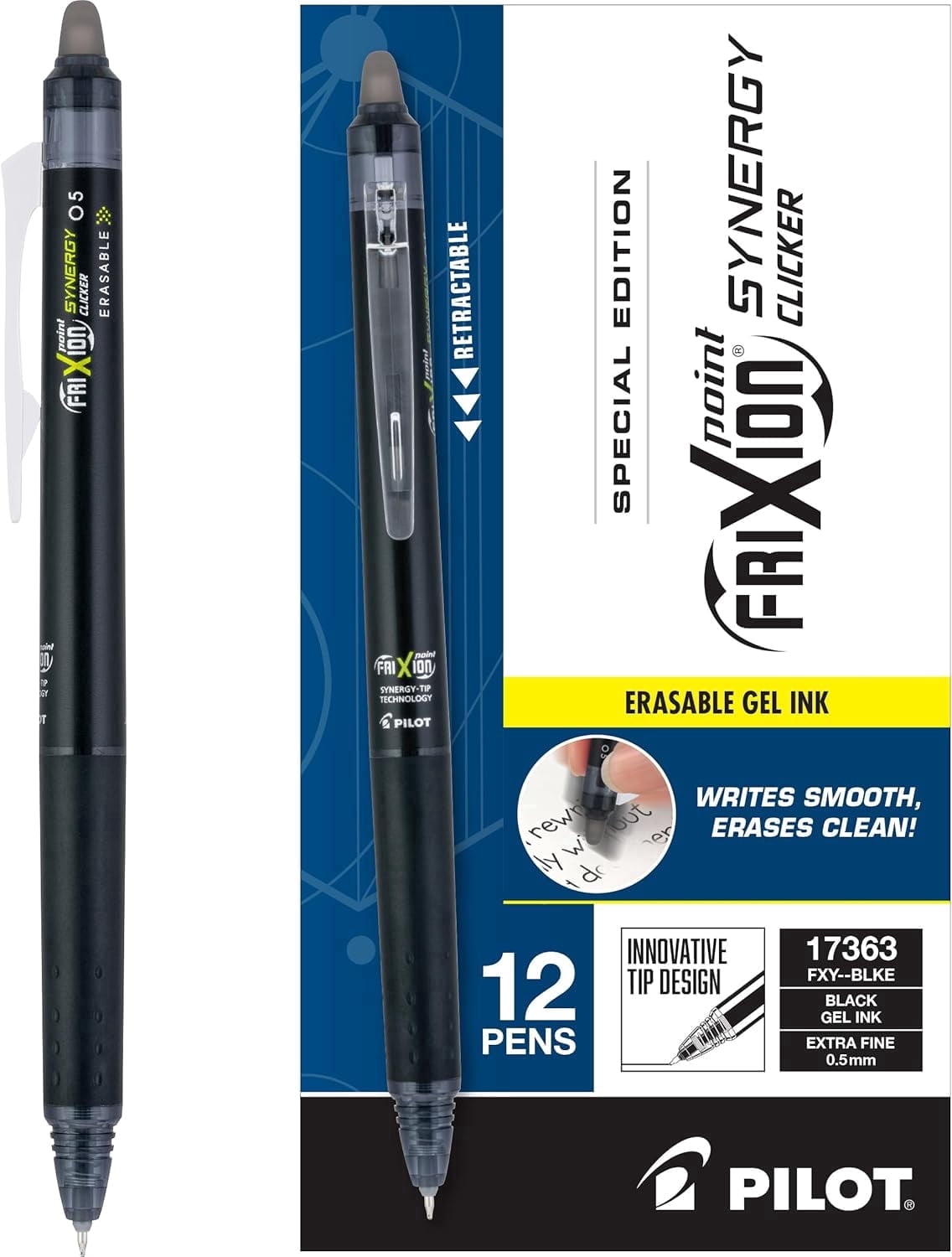 Pilot FriXion Synergy Clicker Erasable Gel Pens, 0.5mm Extra Fine, Black Ink, 12 Pack