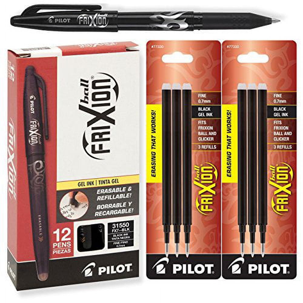 Pilot 31550 Frixion Erasable Black Gel Ink Pens, 12 Pens with 2 Packs of Refills